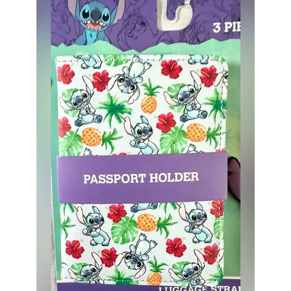 Disney Stitch 3-Piece Travel Set Passport Holder Luggage Tag Strap Tropical - Picture 3 of 5